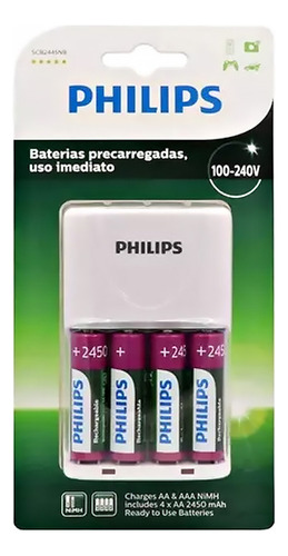 Kit 4 Pilhas Aa Carregador Philips Bivolt 2450 P/ Microfone