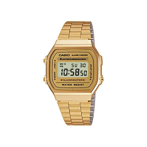 Reloj de pulsera Casio Collection LA680 de cuerpo color dorado, digital,  para mujer, fondo negro, con correa de acero inoxidable color dorado, dial  negro, minutero/segundero negro, bisel color dorado y hebilla de