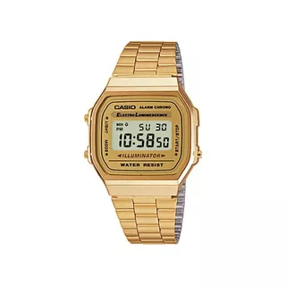 Reloj de pulsera Casio Youth Vintage A168 de cuerpo color dorado, digital, fondo gris y dorado, con correa de acero inoxidable color dorado, dial negro, minutero/segundero negro, bisel color dorado, l