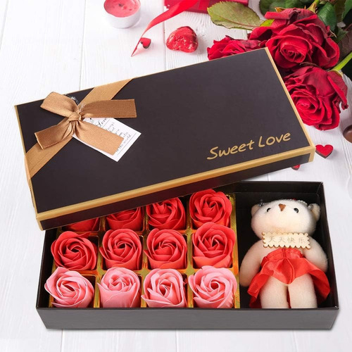 Caja De Para Novia O Mamá Con Oso Y Rosas Aromáticas Color Rojo