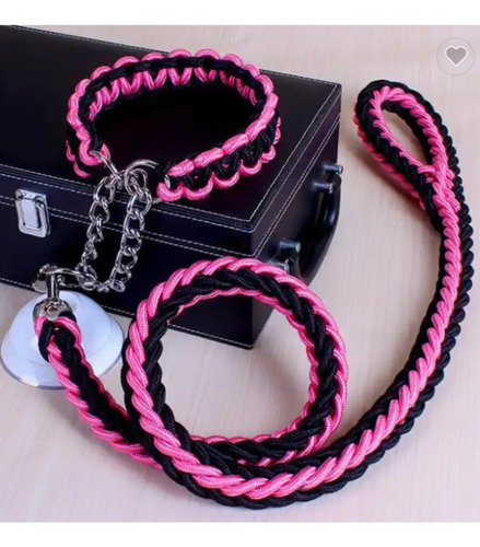 Correa Collar Perro Grande Gruesa Resistente Suave Larga M Color Negro Con Rosa