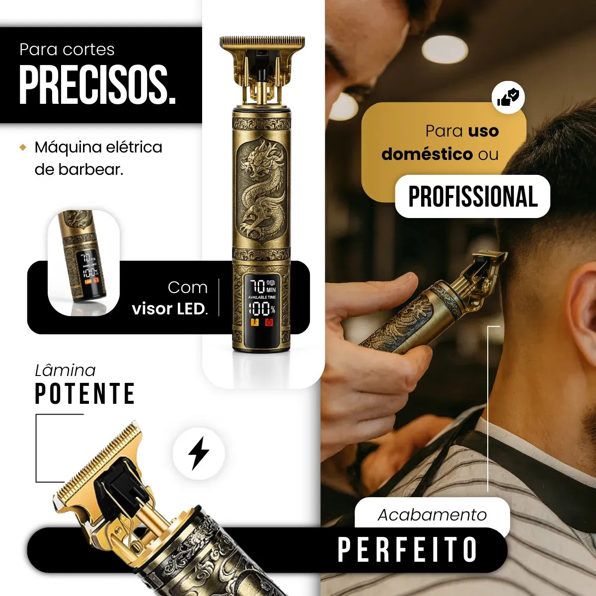 Maquina De Cortar Cabelo Barbear Sem Fio Maquininha Dragão Elétrica Aparador De Pelos Acabamento... 2