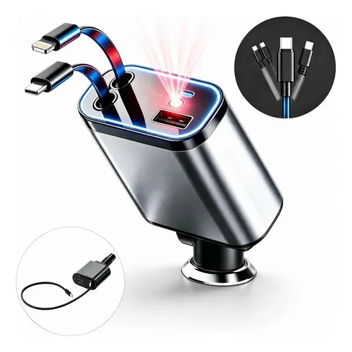 Carregador Veicular Turbo 120w Com Cabos Usb Retráteis
