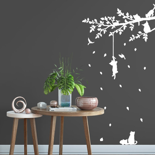 Adesivo Decorativo Árvore Com Gatinhos Cor Branco