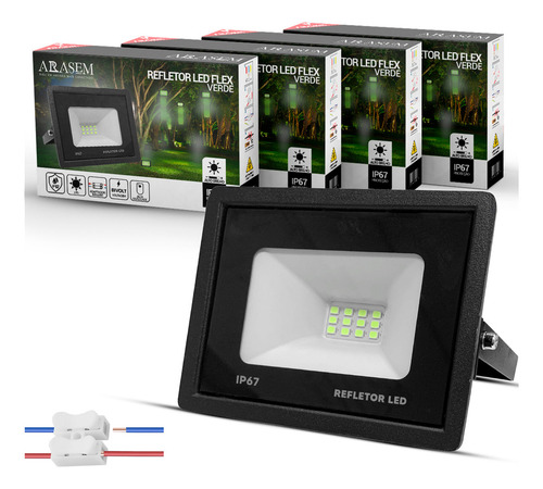 Kit 5 Refletores Slim Super Led 30w Cor Da Luz Verde Ip67 Carcaça Preta 127/220V