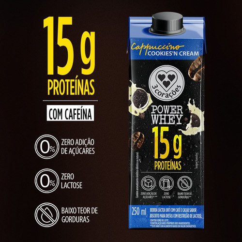 Bebida Láctea UHT Cappuccino Cookies'n Cream Zero Lactose 3 Corações Power Whey Caixa 250ml