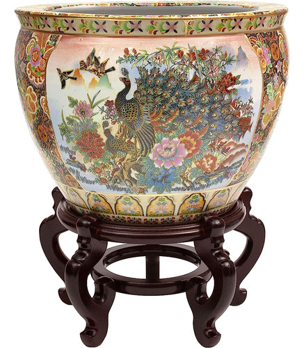 18  Satsuma Garden & Peacock Porcelain Fishbowl