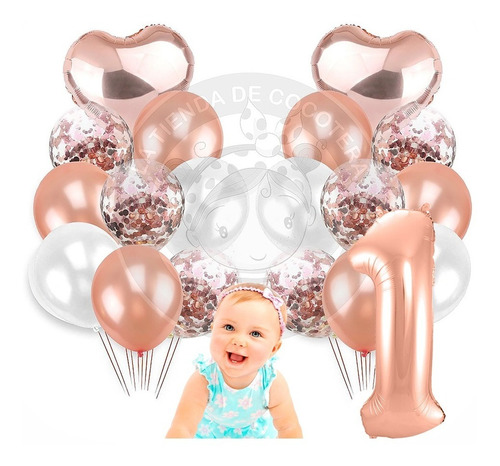 Set Globos Latex Perlados Rosa Gold Metalizados 1 Año  