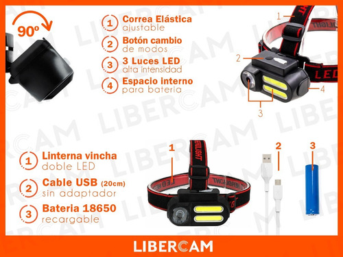 Linterna Minero Cabeza Vincha Doble Led Cob Recargable