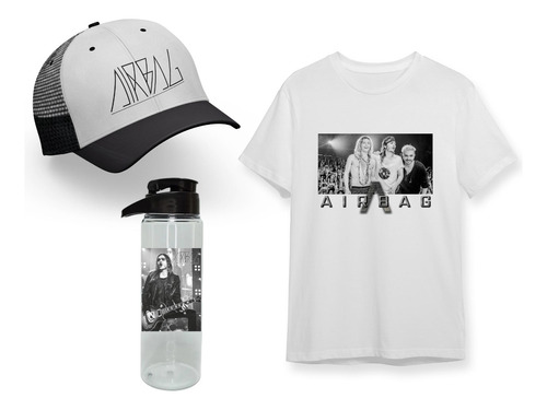 Pack Negro Remera + Botella + Gorra Airbag Banda Música Rock