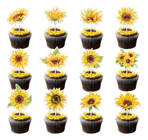 Decoracion Para Cupcakes De Girasol, Palillos De Girasol Par