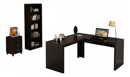 Conjunto Home Office 3 Peças Com 1 Mesa Em L, 1 Gaveteiro E