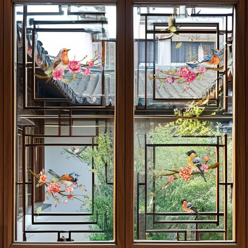 Para Ventana Con Diseño De Ramas De Pájaros De Primavera Y