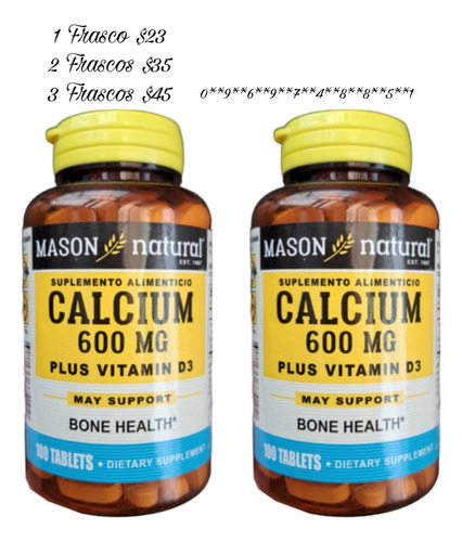 Calcio 600 Mg + Vitamina D3 2 Frascos Promocion 200 Tabletas