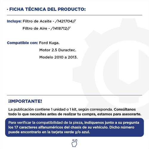 Imagen 2 de 9 de Kit Filtros Aceite + Aire - Ford Kuga 2.5 Duratec 10/13 Orig