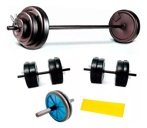 Barra + 2 Mancuernas + 24 Kg En Discos Con Manija Kit Set