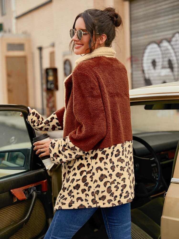 Shein Abrigo Teddy De Cuello Con Bolsillo Animal Print | Mercado Libre