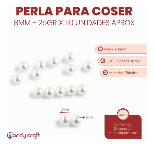 Perlas Para Coser 8mm X110u 25g Plásticas Cuentas Mostacilla