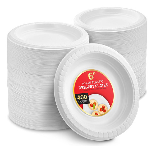 400 Conteo De Platos De Plástico Blancos Premium, 6 Pu...