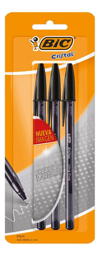 Bolígrafo Bic Cristal Ultrafino 0.7 Mm Tinta Negra 3 Piezas Tinta Negro Exterior Negro