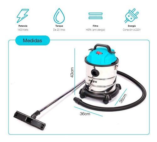 Imagen 5 de 6 de Aspiradora Industrial Nappo 1400w Acero 20l Agua Y Polvo Loi Color Acero inoxidable