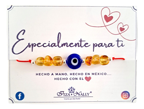 Pulsera Ámbar Con Ojito Turco Ajustable En Plata Ley .925