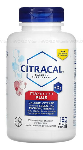 Bayer Citracal Maximum Plus Altamente Soluble, Fácil De Digerir,   Citrato De Calcio Con 1000 Ui De Vitamina D3, Suplemento De Salud Ósea Para Adultos, Comprimidos, 180 Unidades .