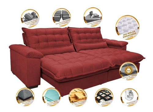 Sofá Retrátil e Reclinável 2,52m com Molas Ensacadas Cama inBox Aconchego Tecido Suede Vermelho