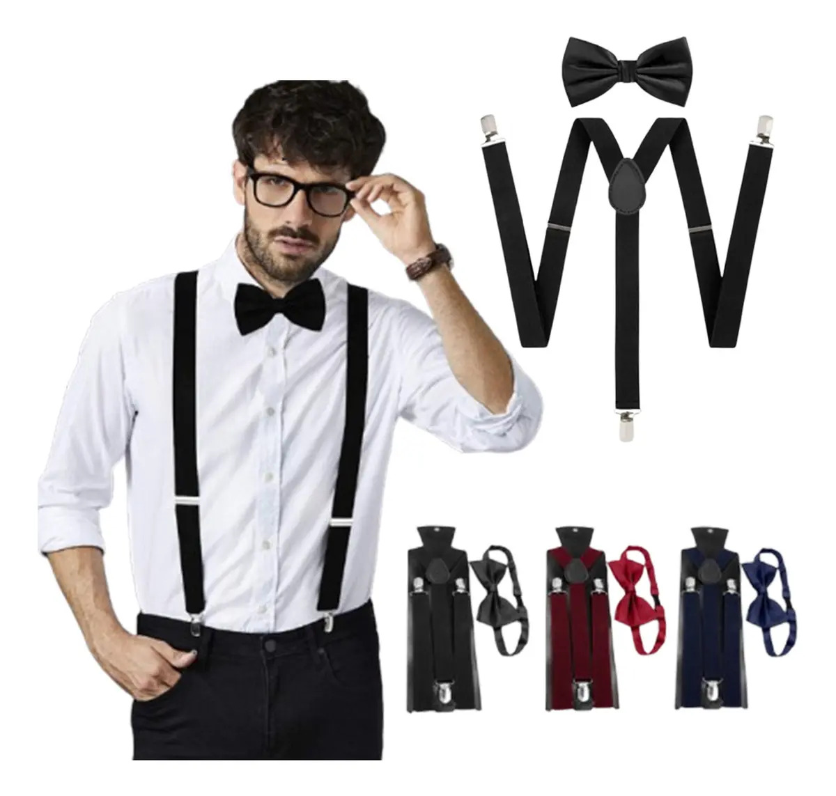 Tirantes y Moño Negro TECARED Ajustables con Clip para Pantalones