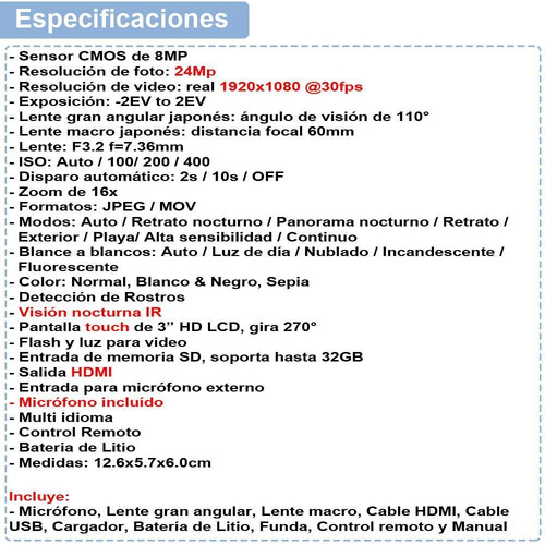 Imagen 7 de 7 de Videocamara Vak 809 Microfono Nocturna 24mp Touch Hdmi Sd