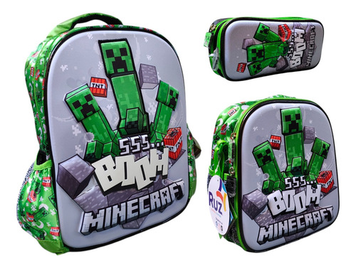 Kit Mochila Lonchera Lapicera Minecraft Creeper Ss Boom Ruz Verde Impresion 3d