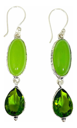 Aros Plata India Calcedonia Verde Y Peridoto 100% Natural