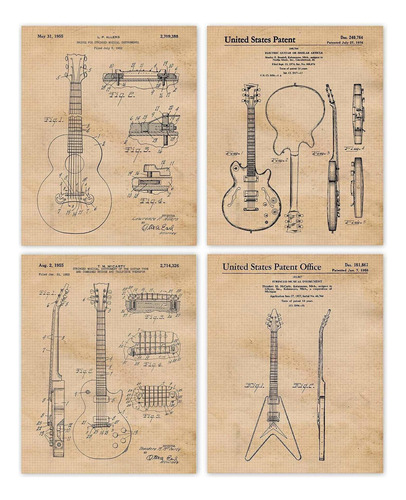 Vintage Gibson Guitar Patent Prints, 4 (8x10) Unframed Phot.