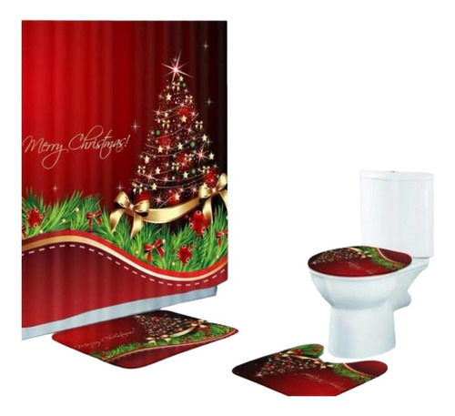 Set Cortina De Baño Con Estampado Navidad De 4 Piezas Cl32.1