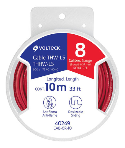 Carrete Con 10 M De Cable Thhw-ls 8 Awg Rojo, Volteck