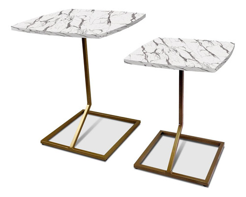 Conjunto Jogo Mesa De Canto Lateral Tip Tampo Quadrado Cor Dourado/vulcano
