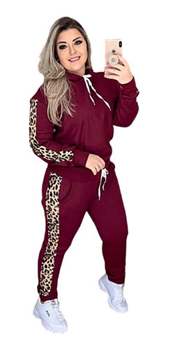 Conjunto Moletom Faixa Animal Print Capuz Moda Inverno #cc