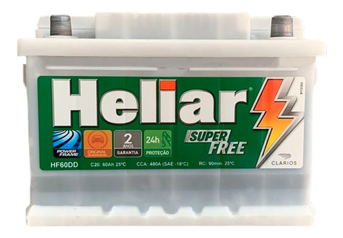 Bateria 60 Amperes Heliar Super Free - 2 Anos De Garantia