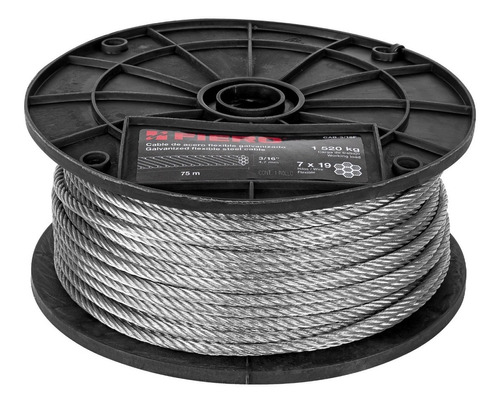 Cable Flexible Acero 3/16, 7x19, 75m Fiero 44212 Color Plateado