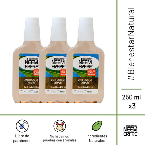 Paq 3- Enjuague Bucal De Neem Sin Flúor-bienestar Neem Erfre