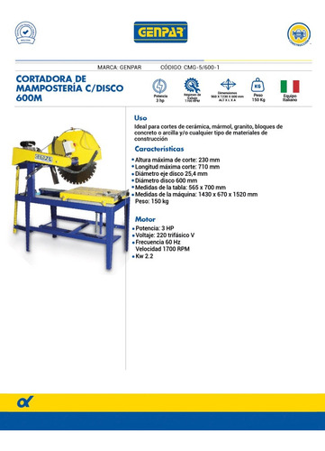 Cortadora De Mamposteria 220v 1f Con Disco 600m Italiana