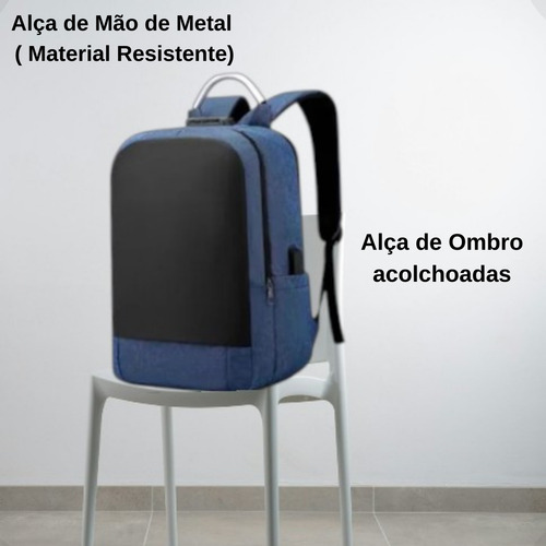 Mochila Azul Antifurto Executiva Com Cadeado Trava Segurança Porta Usb Saída Fone Ouvido Compartimento Notebook Resistente Reforçada Grande Anti Furto Unissex Masculina Feminina Trab