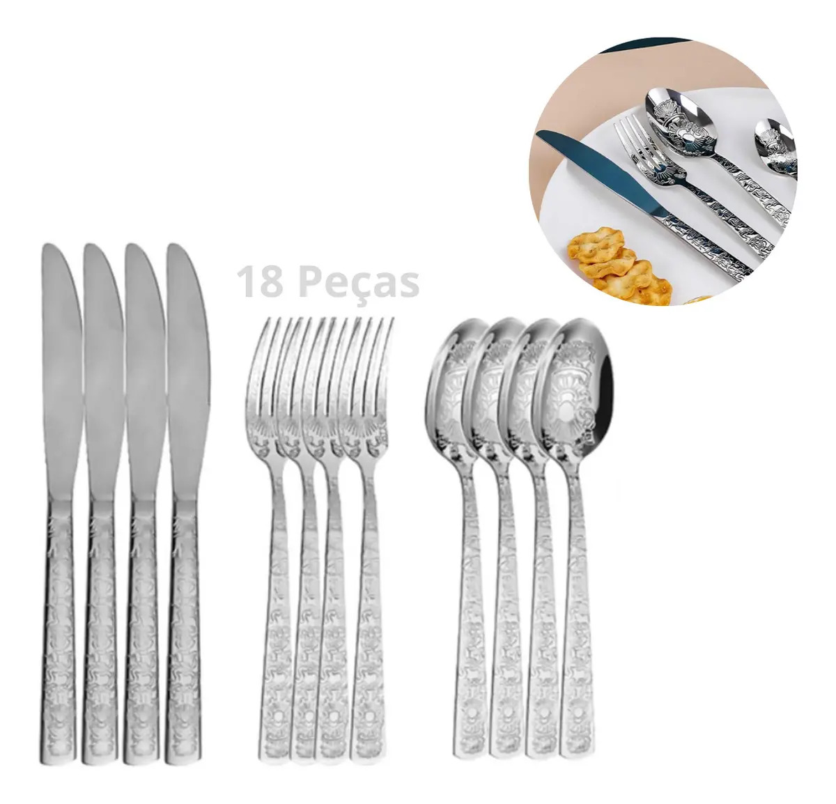 Jogo Talheres Inox 18 Peças Line Linha Continental Prateado