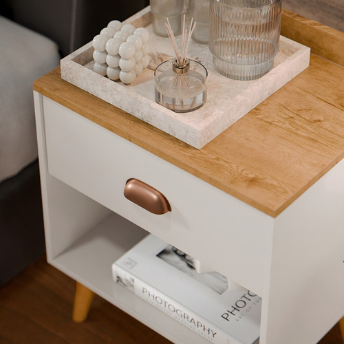 Mesa Criado 2 Bide Perola Conjunto Casal C/ Cabeceira Suede Brilhante Bege 1.40 / Off Freijo
