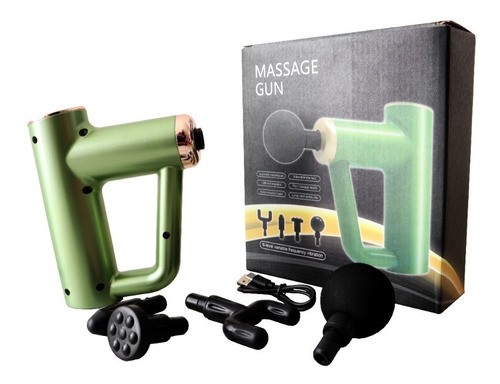 Pistola Masajeador Recargable 6 Velocidades 4 Cabezales 30w Color Verde Claro