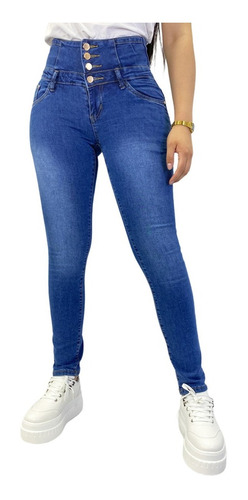 Pantalon Jeans De Mujer Elasticado Tiro Alto Azul Hq3262