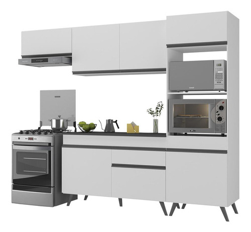 Armário De Cozinha Compacta 252cm Veneza Multimóveis V3690 Cor Branco/Preto