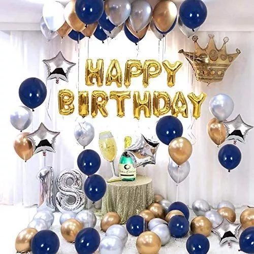  Decoraciones de cumpleaños de 18 años para niños, color azul y  plateado, decoraciones de feliz cumpleaños de 18 años, contiene pancarta de  cumpleaños, globos, globos de aluminio plateados del número 18