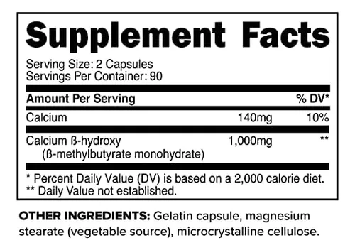 Primaforce Hmb (beta-hidroxi Beta-metilbutirato) 1000 Mg, 180 Cápsulas (500 Mg Por Cápsula) - Suplemento Sin Gluten Y S