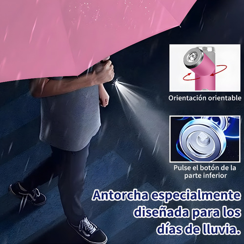 VANANCE Paraguas Automatico Apertura Y Cierre VAN01216 Anti-uv Sombrilla De Bolsillo Con Botón Y Led Rotativo Plegable Grande Protección 2-3 Las Personas Color Rosa Claro
